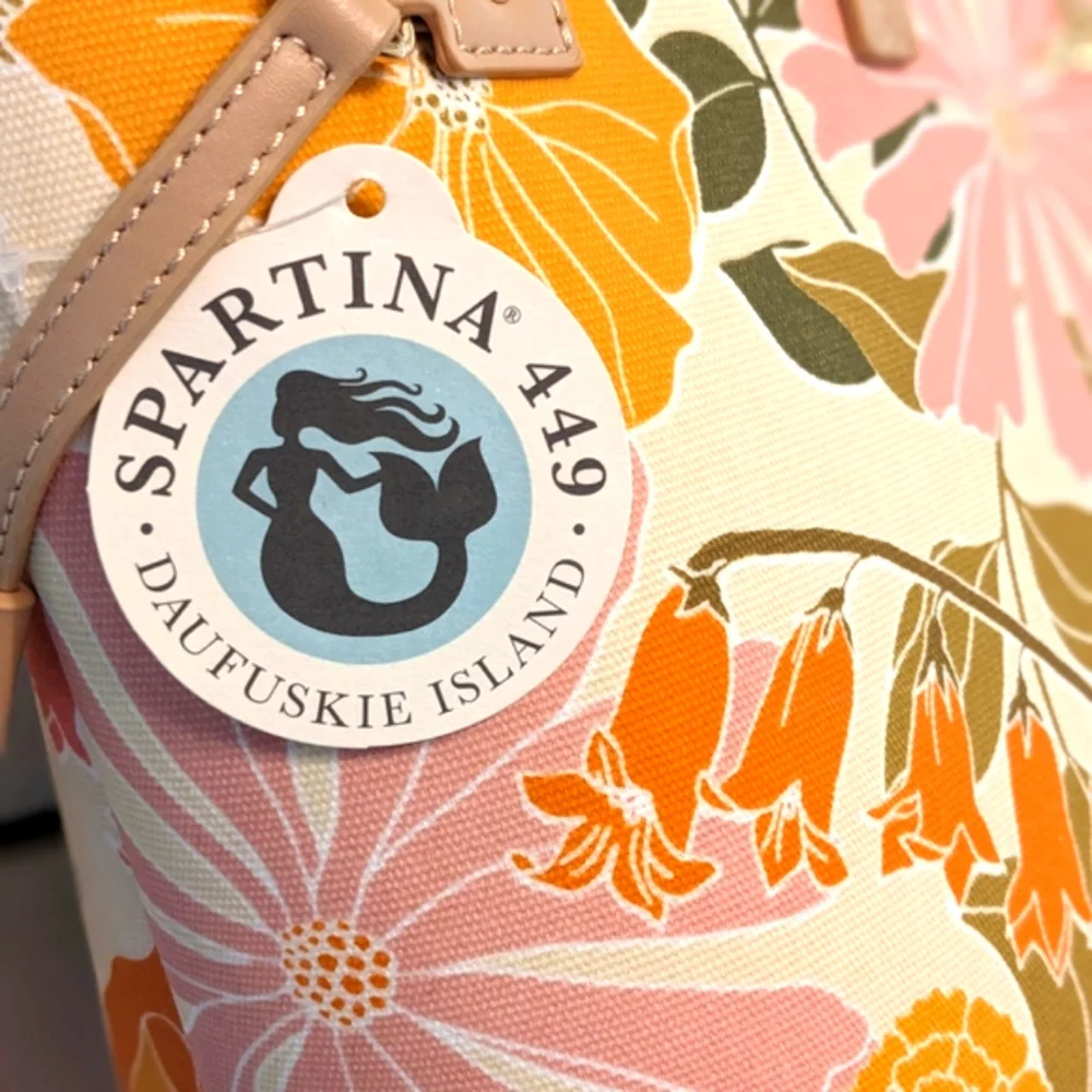 Spartina 449 Pink and Orange Floral Tote Bag with Leather Handles. NWT